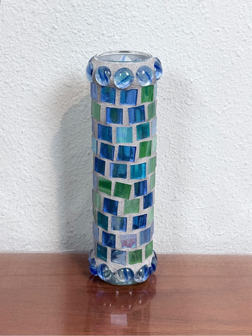 Vintage Blue & Green Glass Tile Mosaic Vase 7.5 inch